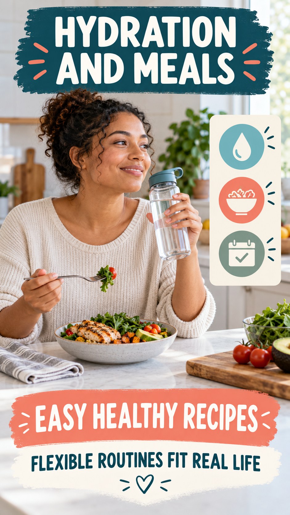 Hydration and Meals infographic for Easy Healthy Recipes, showing practical metabolism-support habits for an active lifestyle.