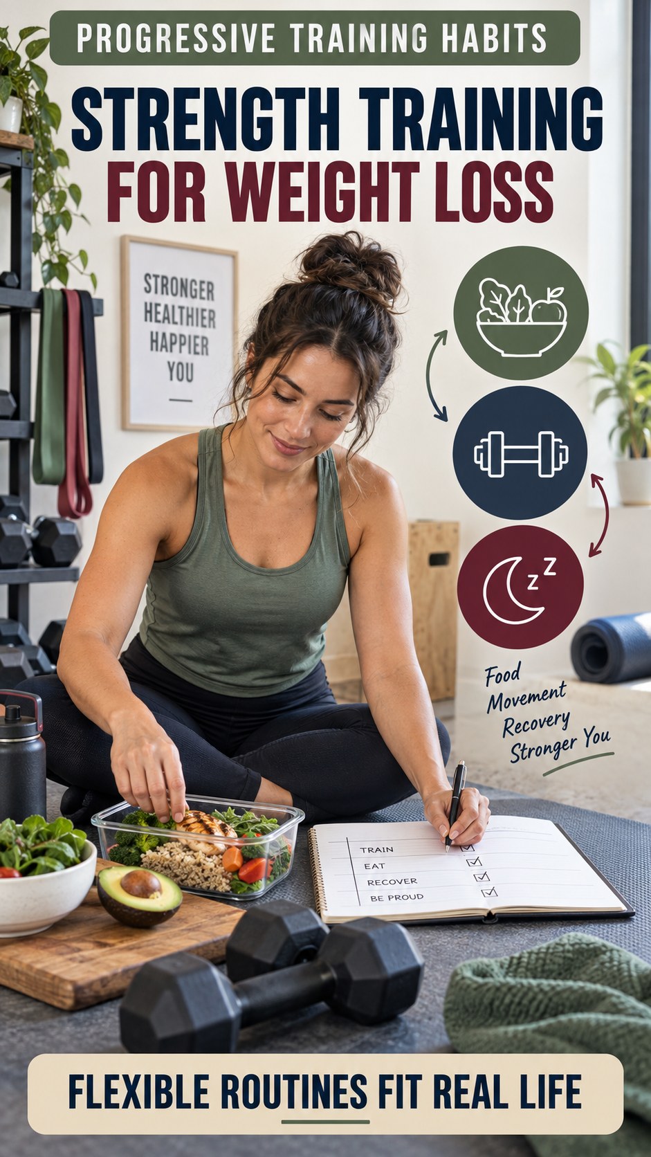Progressive Training Habits infographic for Strength Training for Weight Loss, showing practical metabolism-support habits for an active lifestyle.