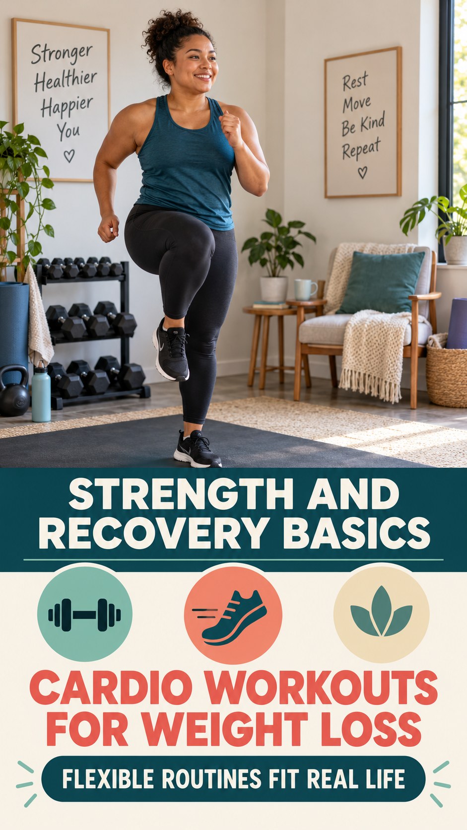 Strength and Recovery Basics infographic for Cardio Workouts for Weight Loss, showing practical metabolism-support habits for an active lifestyle.