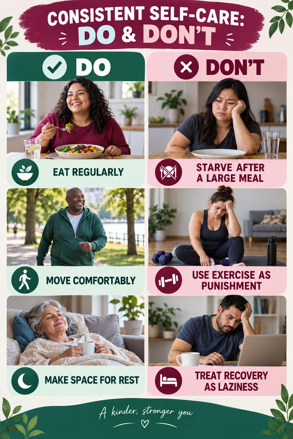 Weight Loss Journey Do and Don’t comparison graphic showing three practical behavior pairs for consistent self-care.