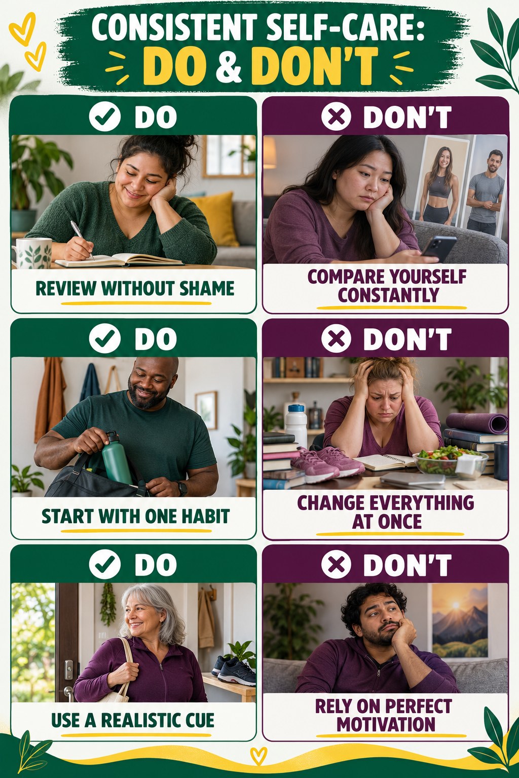 Weight Loss Tips Do and Don’t comparison graphic showing three practical behavior pairs for consistent self-care.