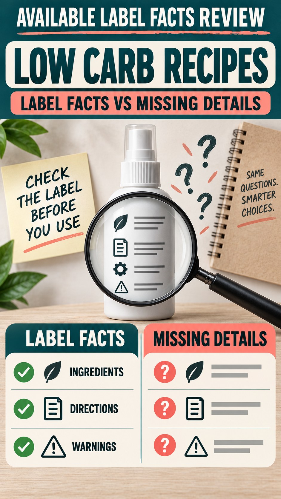 Available Label Facts Review infographic for Low Carb Recipes, showing a generic spray-label checklist that separates available facts, missing details, and evidence questions.