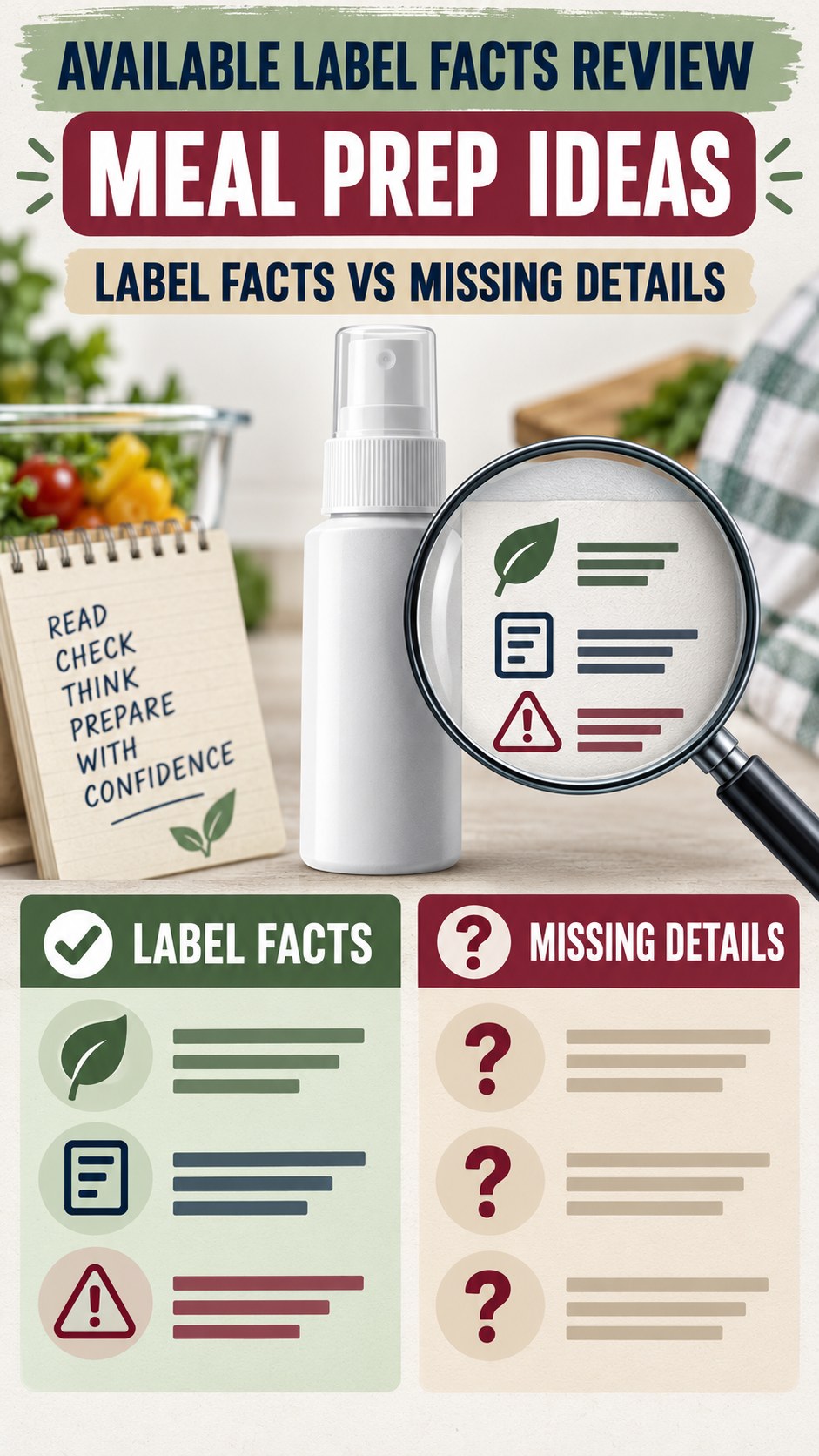 Available Label Facts Review infographic for Meal Prep Ideas, showing a generic spray-label checklist that separates available facts, missing details, and evidence questions.