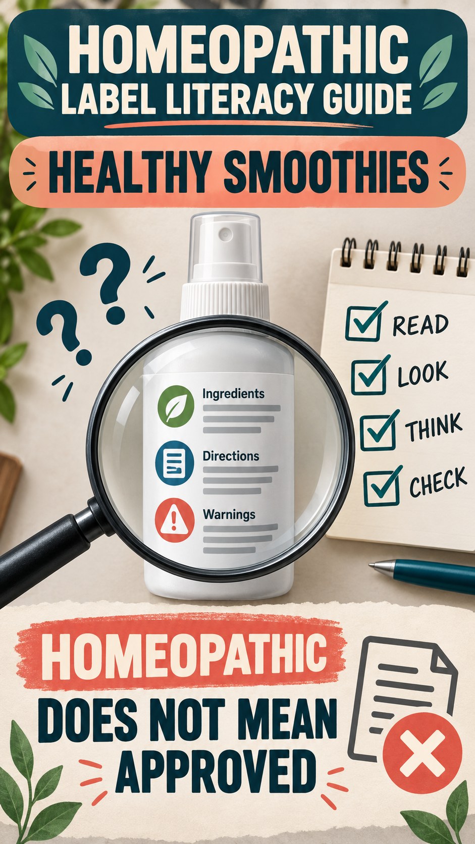 Homeopathic Label Literacy Guide infographic for Healthy Smoothies, showing a generic spray-label checklist that separates available facts, missing details, and evidence questions.