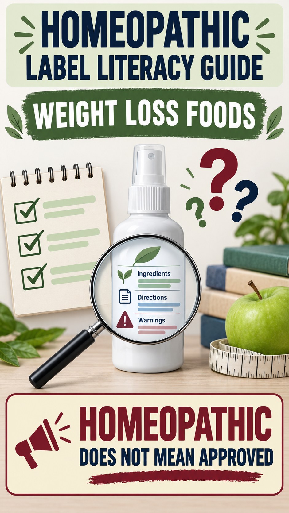 Homeopathic Label Literacy Guide infographic for Weight Loss Foods, showing a generic spray-label checklist that separates available facts, missing details, and evidence questions.