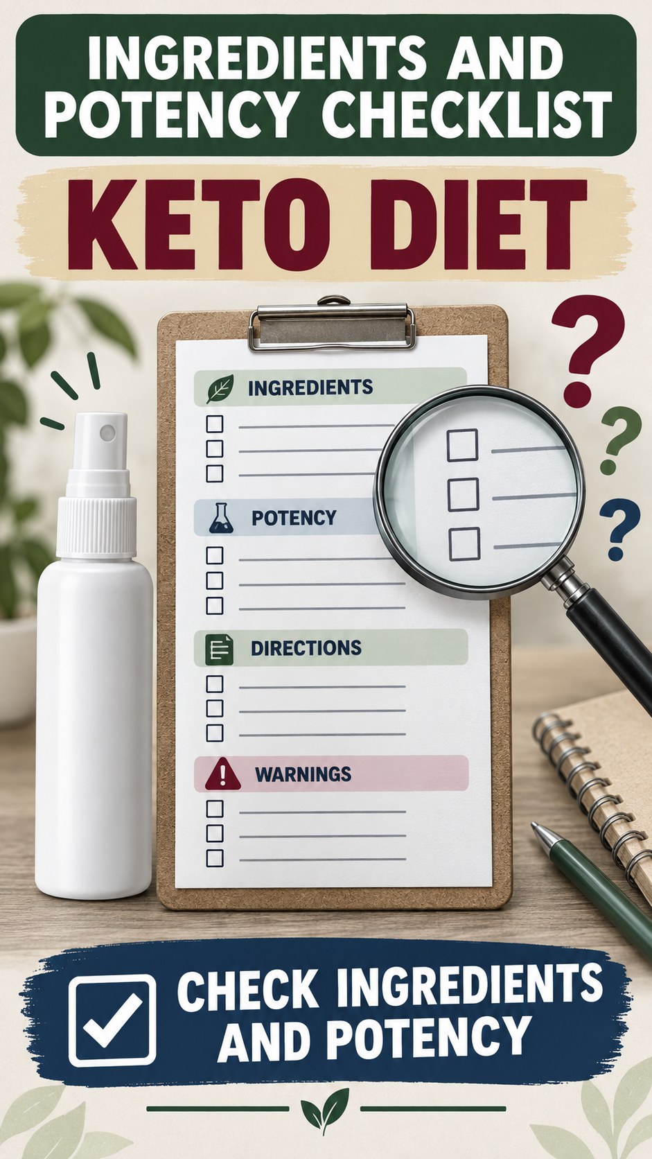 Ingredients and Potency Checklist infographic for Keto Diet, showing a generic spray-label checklist that separates available facts, missing details, and evidence questions.