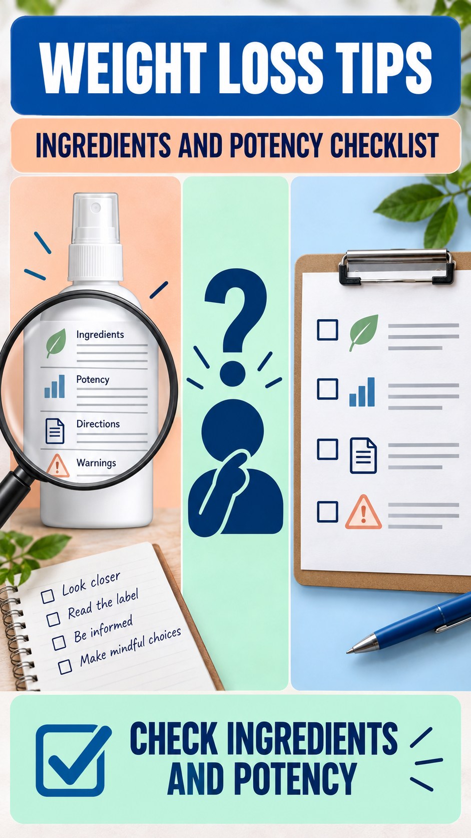 Ingredients and Potency Checklist infographic for Weight Loss Tips, showing a generic spray-label checklist that separates available facts, missing details, and evidence questions.