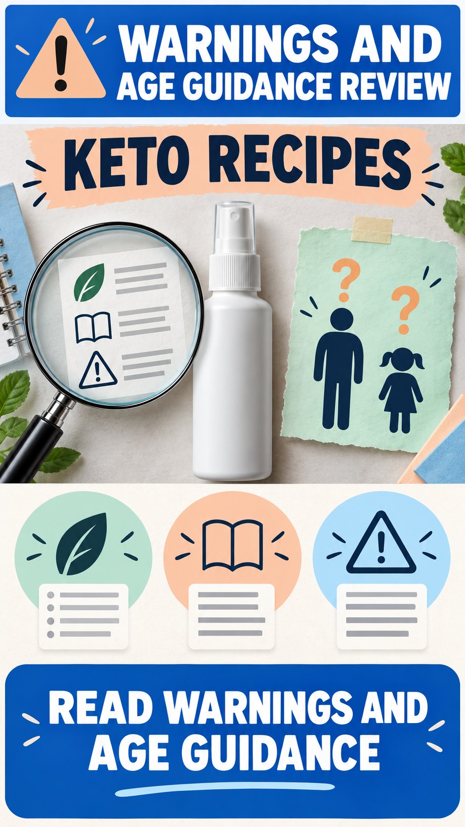 Warnings and Age Guidance Review infographic for Keto Recipes, showing a generic spray-label checklist that separates available facts, missing details, and evidence questions.