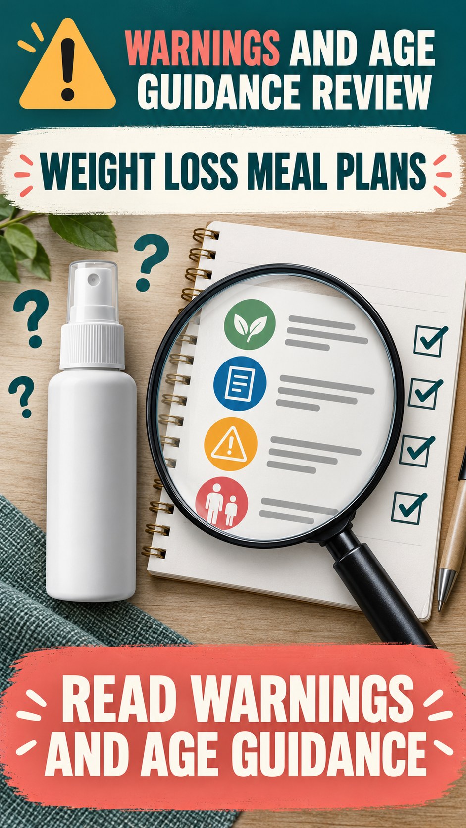Warnings and Age Guidance Review infographic for Weight Loss Meal Plans, showing a generic spray-label checklist that separates available facts, missing details, and evidence questions.