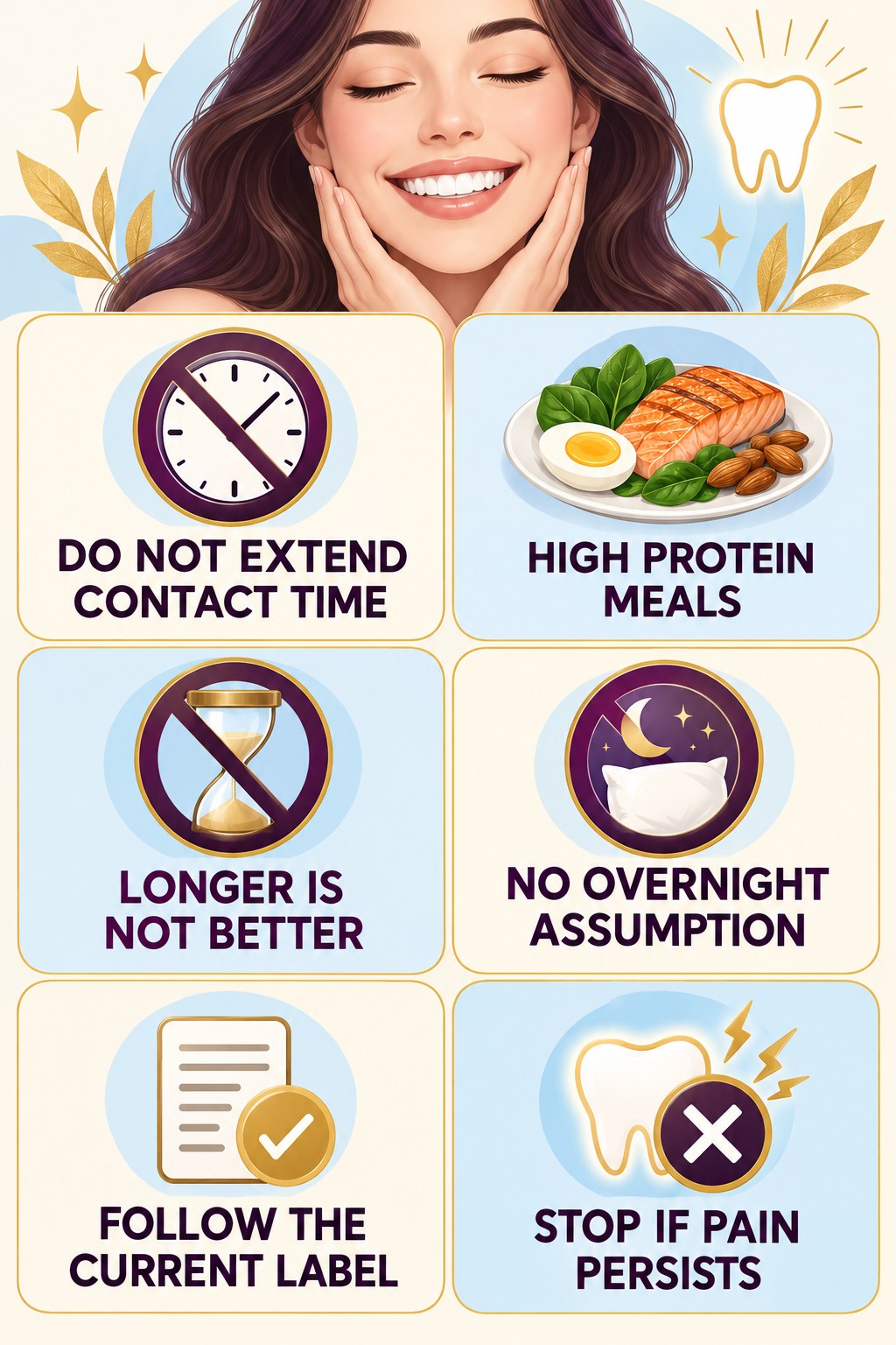 Contact-Time Safety for Whitening Pens infographic for High Protein Meals with four concise whitening-gel-pen safety points.