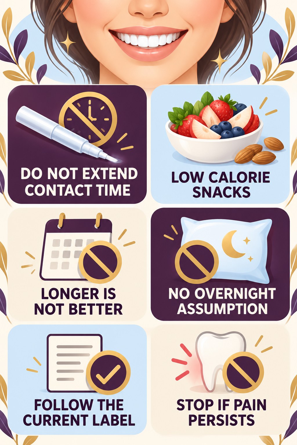 Contact-Time Safety for Whitening Pens infographic for Low Calorie Snacks with four concise whitening-gel-pen safety points.
