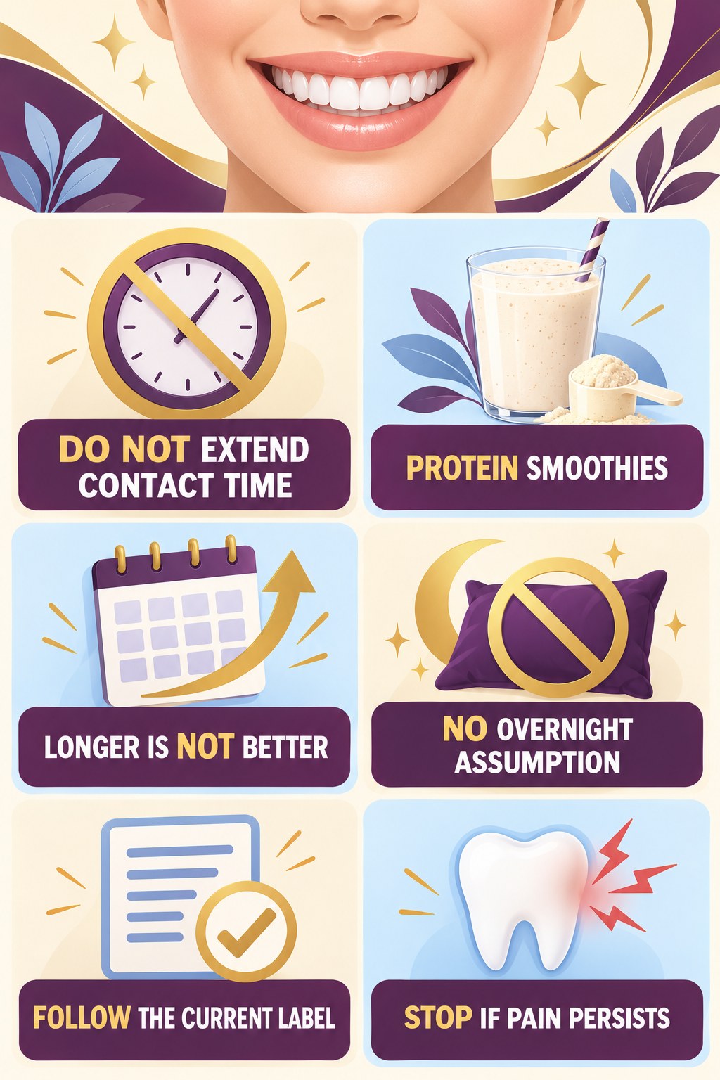 Contact-Time Safety for Whitening Pens infographic for Protein Smoothies with four concise whitening-gel-pen safety points.