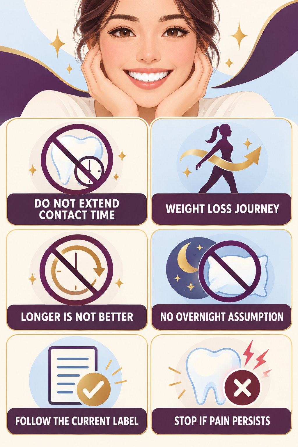 Contact-Time Safety for Whitening Pens infographic for Weight Loss Journey with four concise whitening-gel-pen safety points.