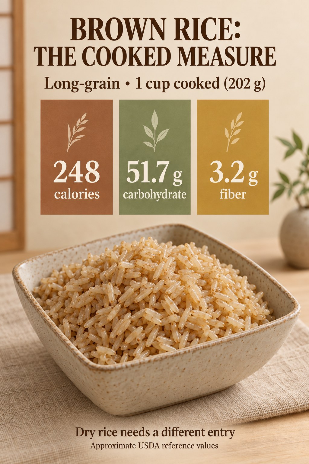 Cooked long-grain brown rice nutrition graphic showing 248 calories, 51.7 g carbohydrate, and 3.2 g fiber per cup weighing 202 g.