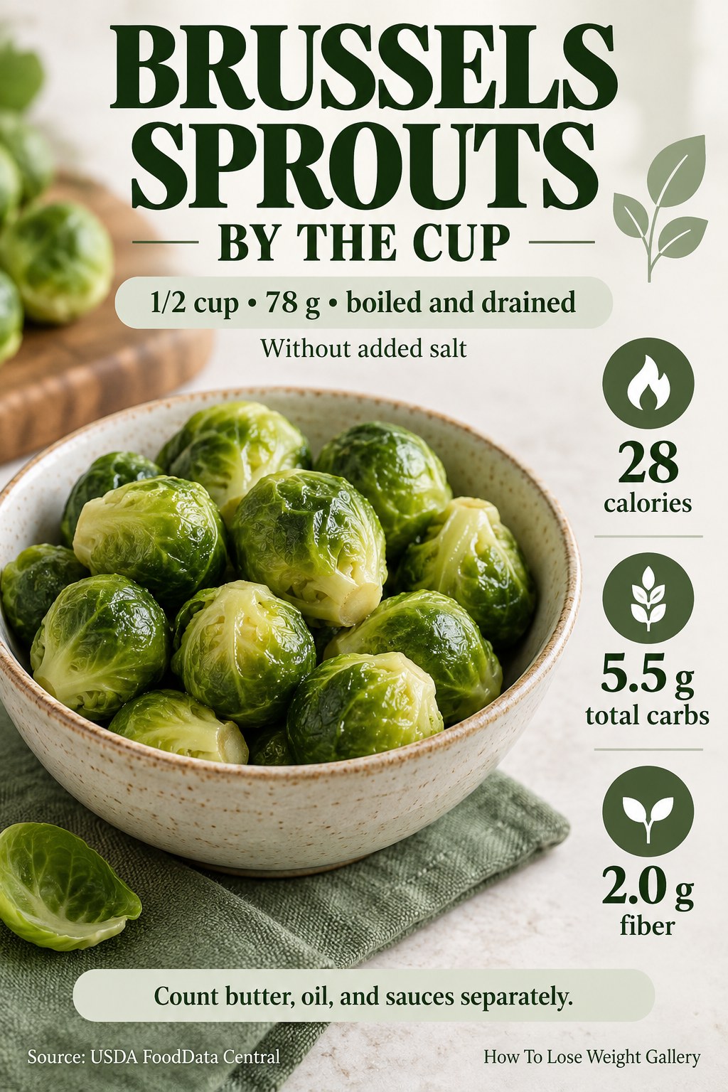 Brussels sprout nutrition card listing 28 calories, 5.5 grams total carbs, and 2.0 grams fiber per 78 grams boiled and drained.