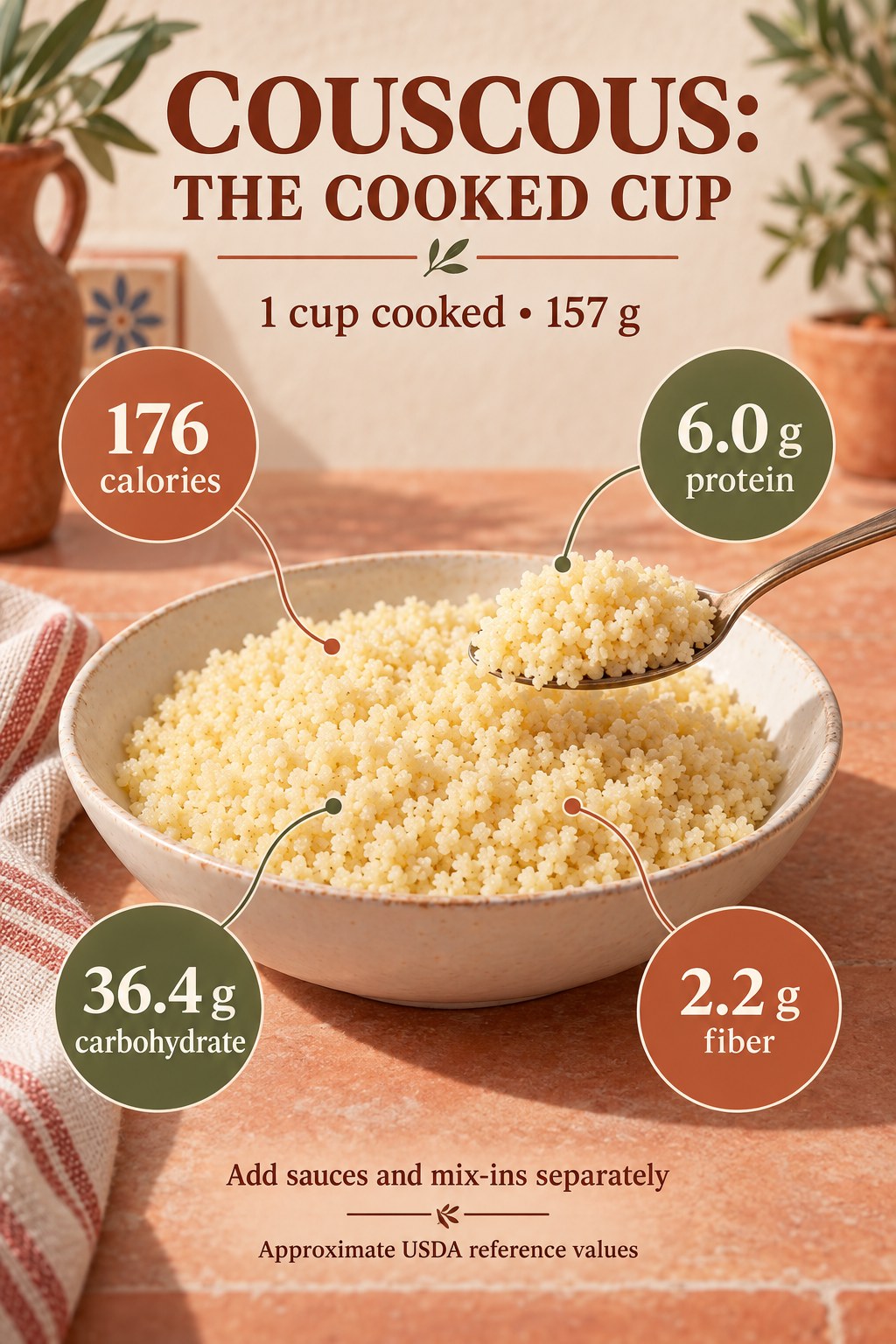 Plain cooked couscous infographic with 176 calories, 6.0 g protein, 36.4 g carbohydrate, and 2.2 g fiber per cup weighing 157 g.