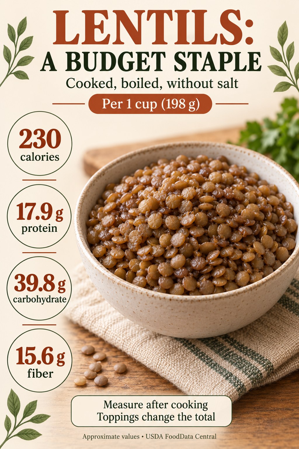 Cooked lentil nutrition infographic showing 230 calories, 17.9 g protein, 39.8 g carbohydrate, and 15.6 g fiber per cup weighing 198 g.