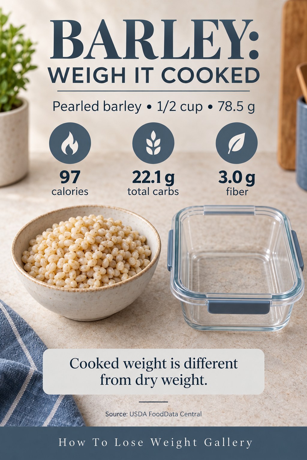 Cooked pearled barley card showing 97 calories, 22.1 grams total carbs, and 3.0 grams fiber per 78.5-gram half cup.