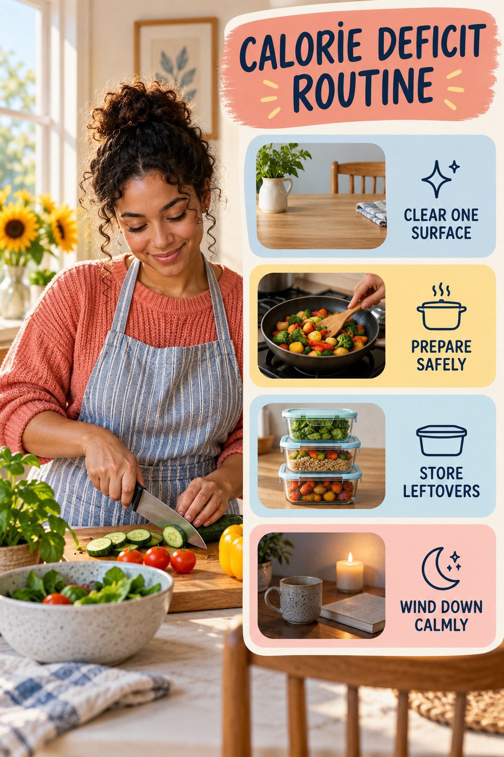 Cooking and Evening Reset for Calorie Deficit with four readable routine cues and a realistic board-relevant wellness scene.