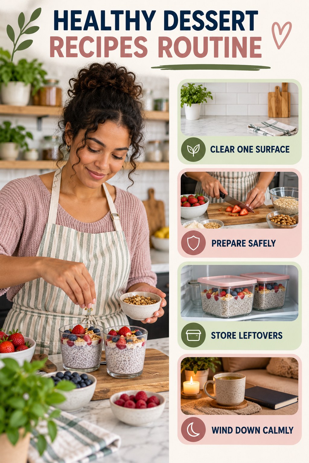 Cooking and Evening Reset for Healthy Dessert Recipes with four readable routine cues and a realistic board-relevant wellness scene.