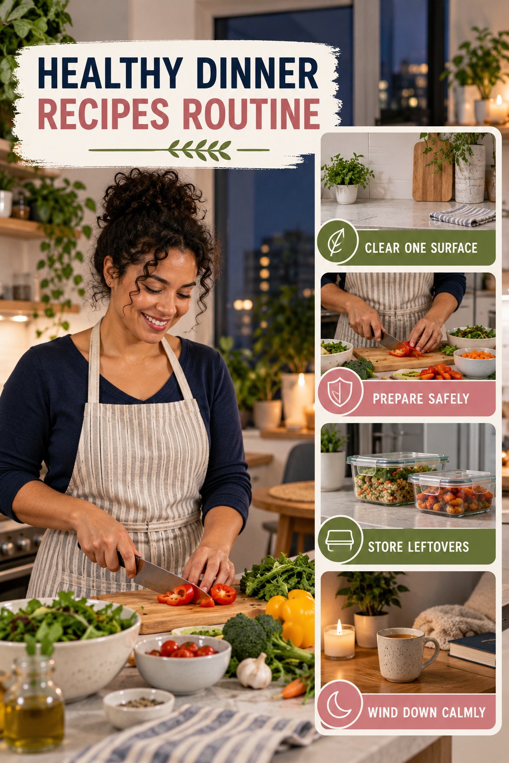 Cooking and Evening Reset for Healthy Dinner Recipes with four readable routine cues and a realistic board-relevant wellness scene.