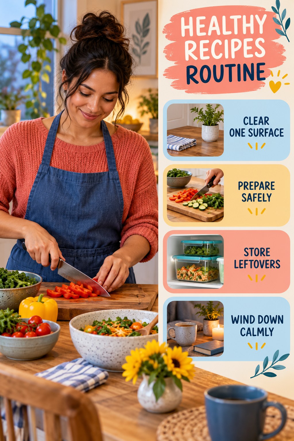 Cooking and Evening Reset for Healthy Recipes with four readable routine cues and a realistic board-relevant wellness scene.