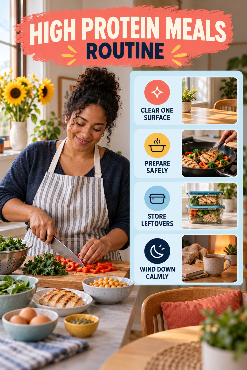 Cooking and Evening Reset for High Protein Meals with four readable routine cues and a realistic board-relevant wellness scene.