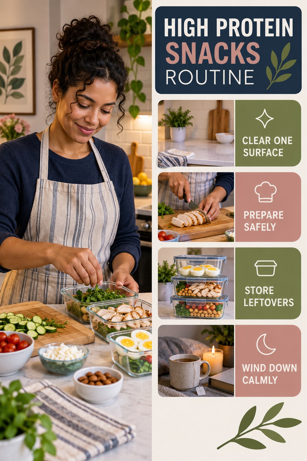 Cooking and Evening Reset for High Protein Snacks with four readable routine cues and a realistic board-relevant wellness scene.