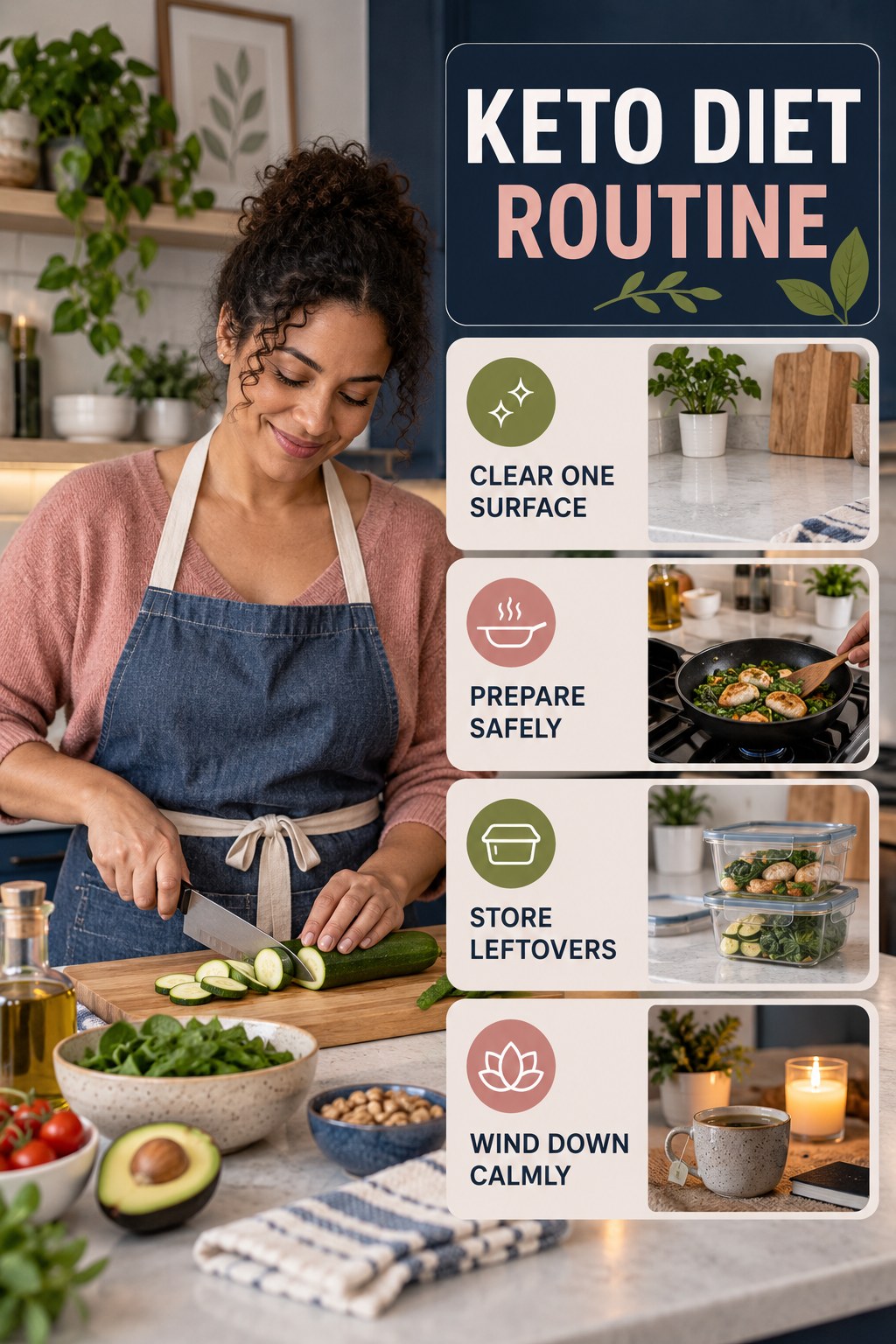 Cooking and Evening Reset for Keto Diet with four readable routine cues and a realistic board-relevant wellness scene.