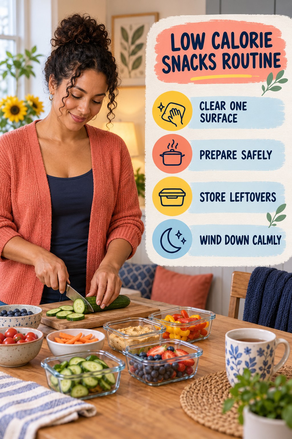 Cooking and Evening Reset for Low Calorie Snacks with four readable routine cues and a realistic board-relevant wellness scene.