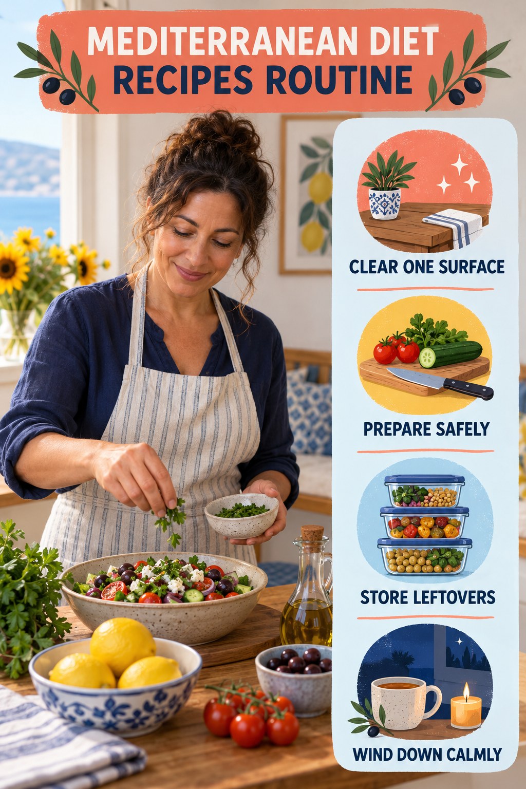 Cooking and Evening Reset for Mediterranean Diet Recipes with four readable routine cues and a realistic board-relevant wellness scene.