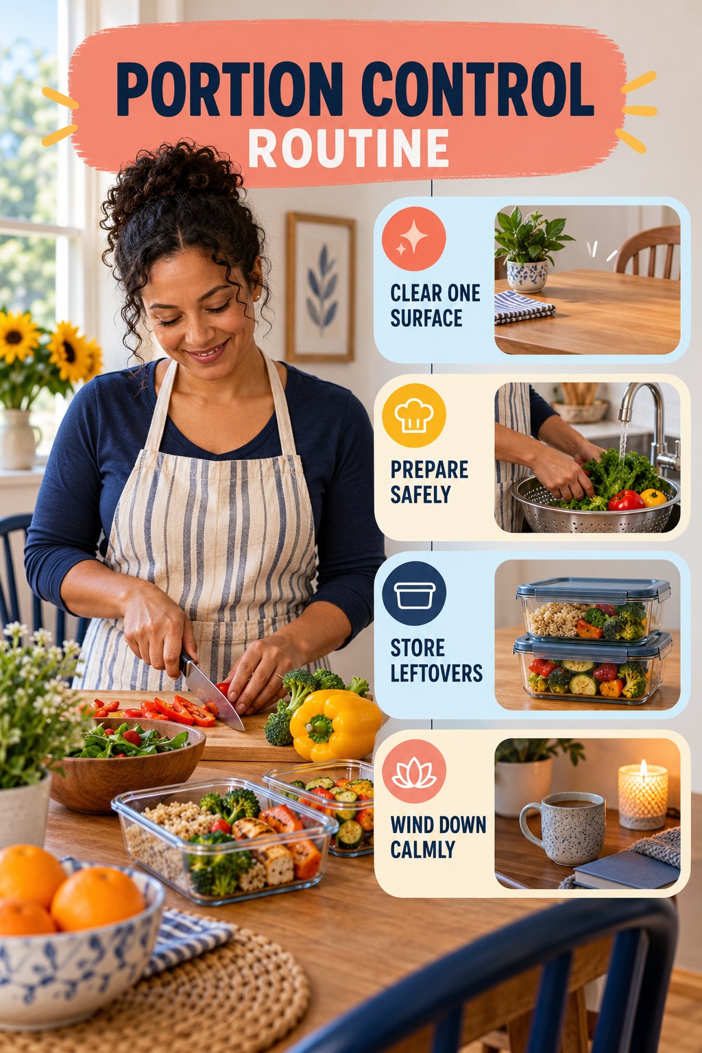 Cooking and Evening Reset for Portion Control with four readable routine cues and a realistic board-relevant wellness scene.