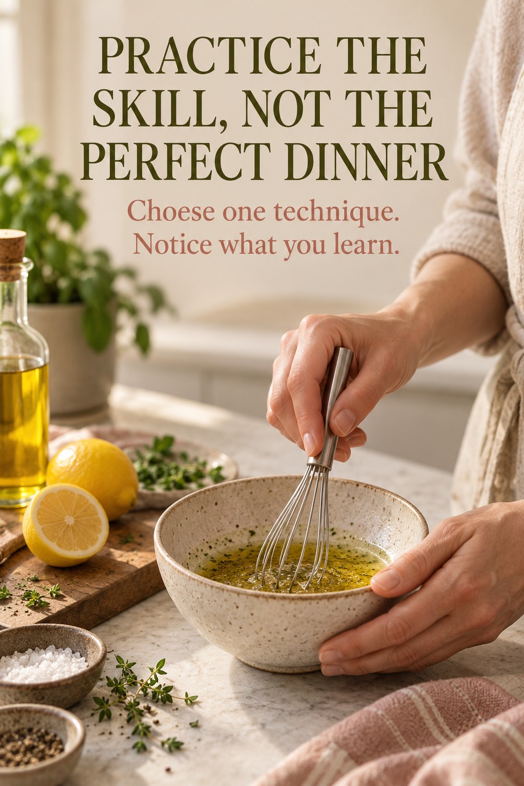Close-up of hands whisking a simple dressing with a message to practice a cooking skill rather than a perfect dinner.