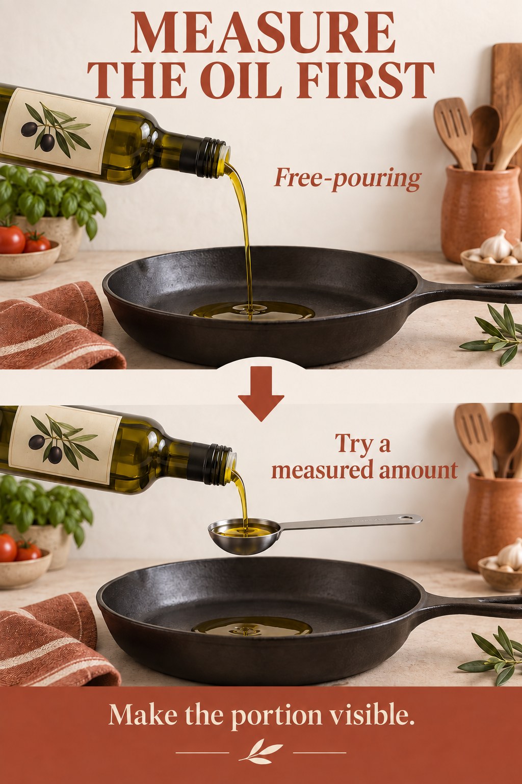 Terracotta kitchen graphic compares free-pouring oil into a skillet with measuring oil in a spoon first.