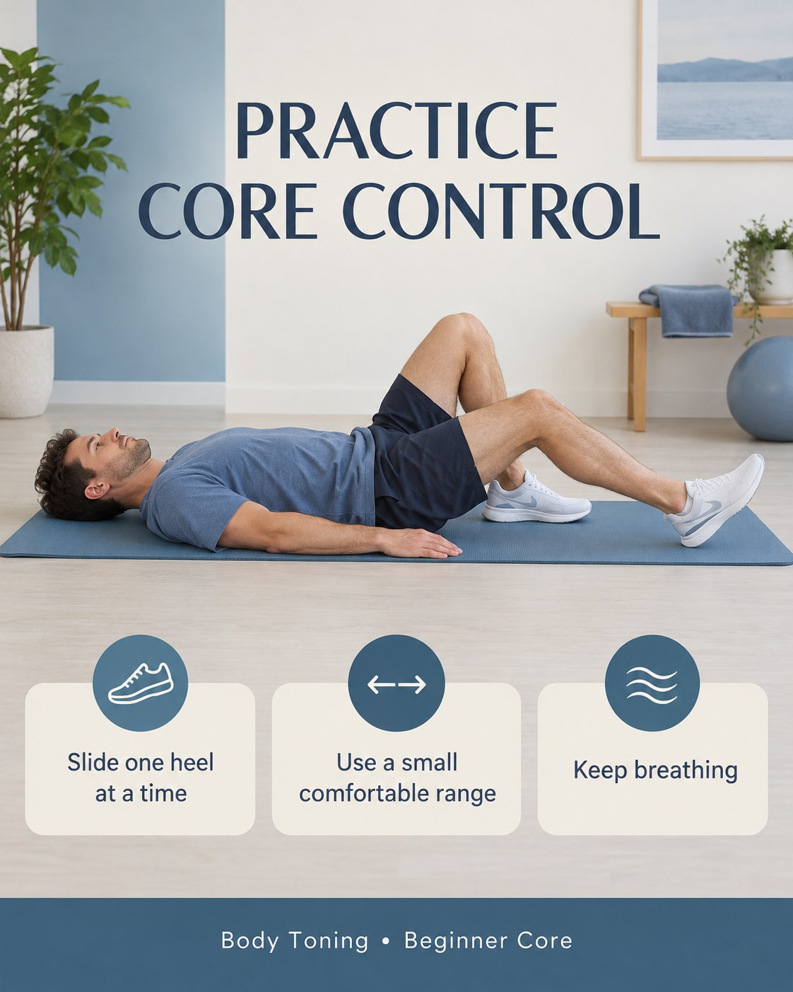 A man lying on an exercise mat with one knee bent and the opposite heel sliding forward for gentle core-control practice.