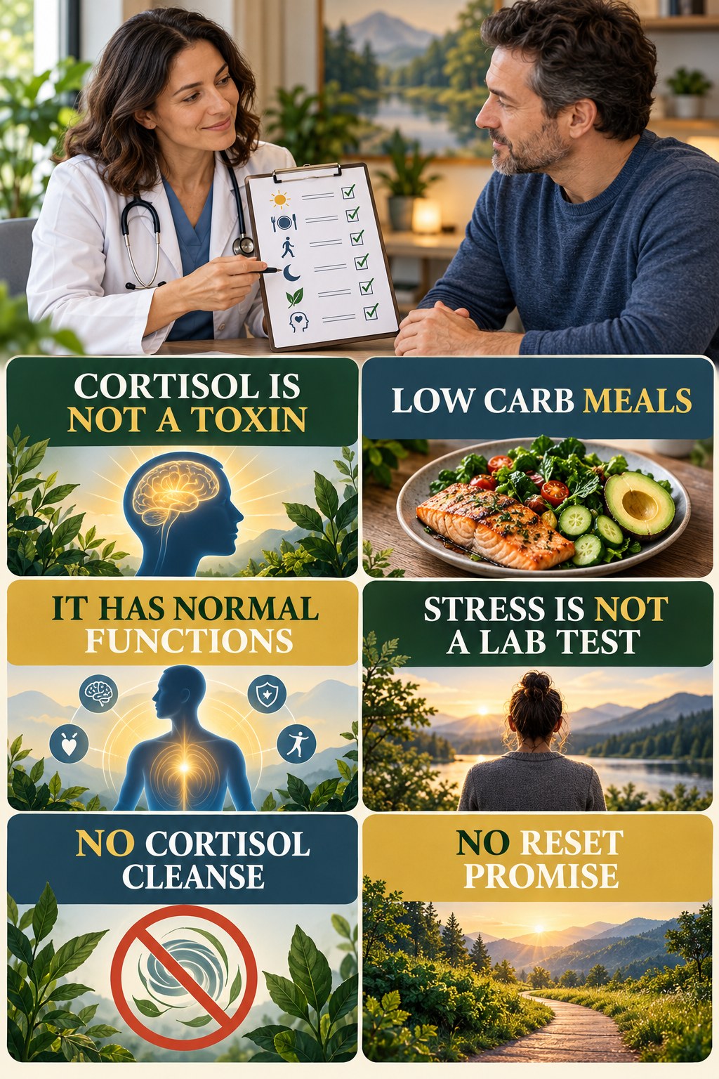 Cortisol Is Essential, Not a Toxin natural-energy and hormone-health-literacy infographic for Low Carb Meals with four practical checks.