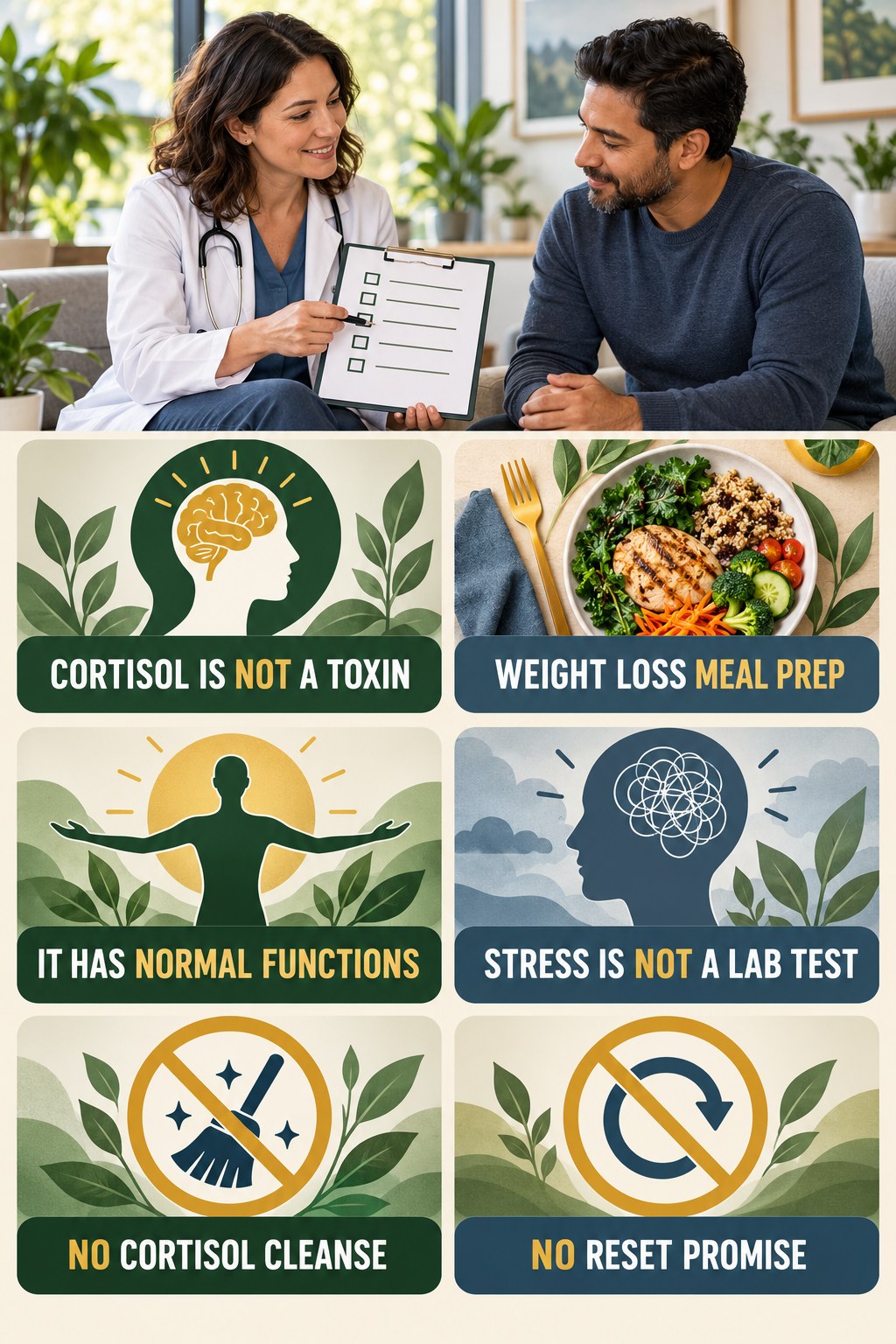 Cortisol Is Essential, Not a Toxin natural-energy and hormone-health-literacy infographic for Weight Loss Meal Prep with four practical checks.