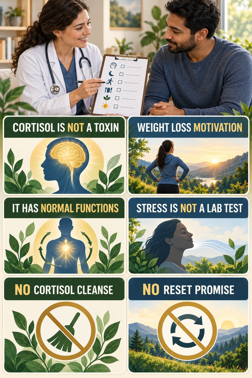 Cortisol Is Essential, Not a Toxin natural-energy and hormone-health-literacy infographic for Weight Loss Motivation with four practical checks.