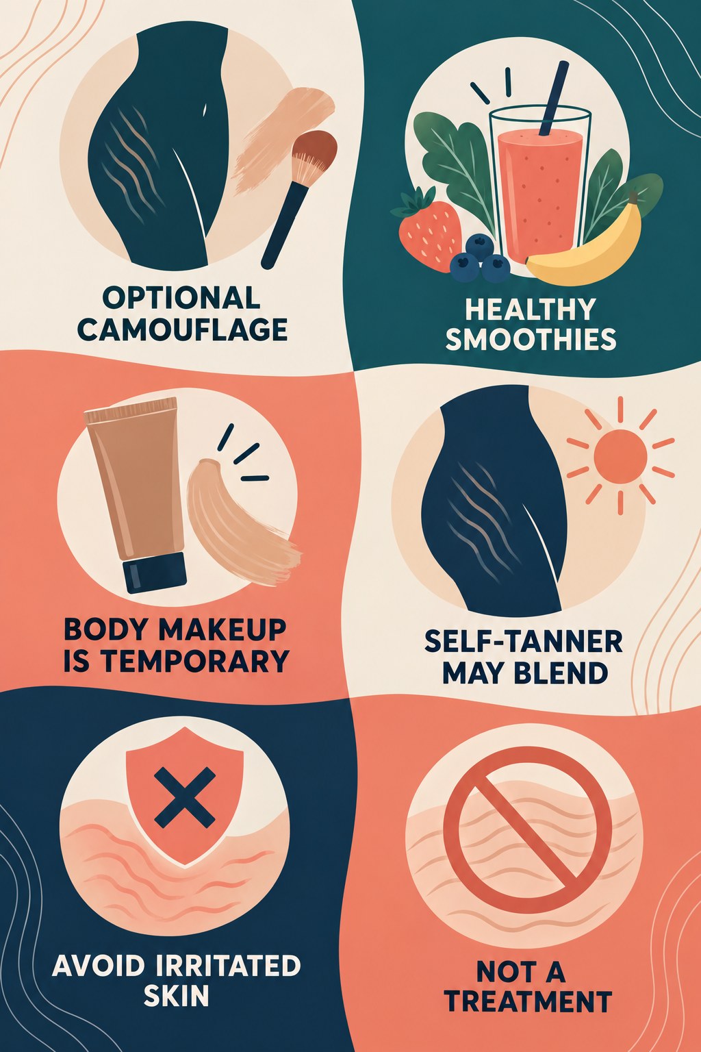 Cosmetic Camouflage Without Treatment Claims infographic for Healthy Smoothies with four concise, body-neutral stretch-mark skincare points.
