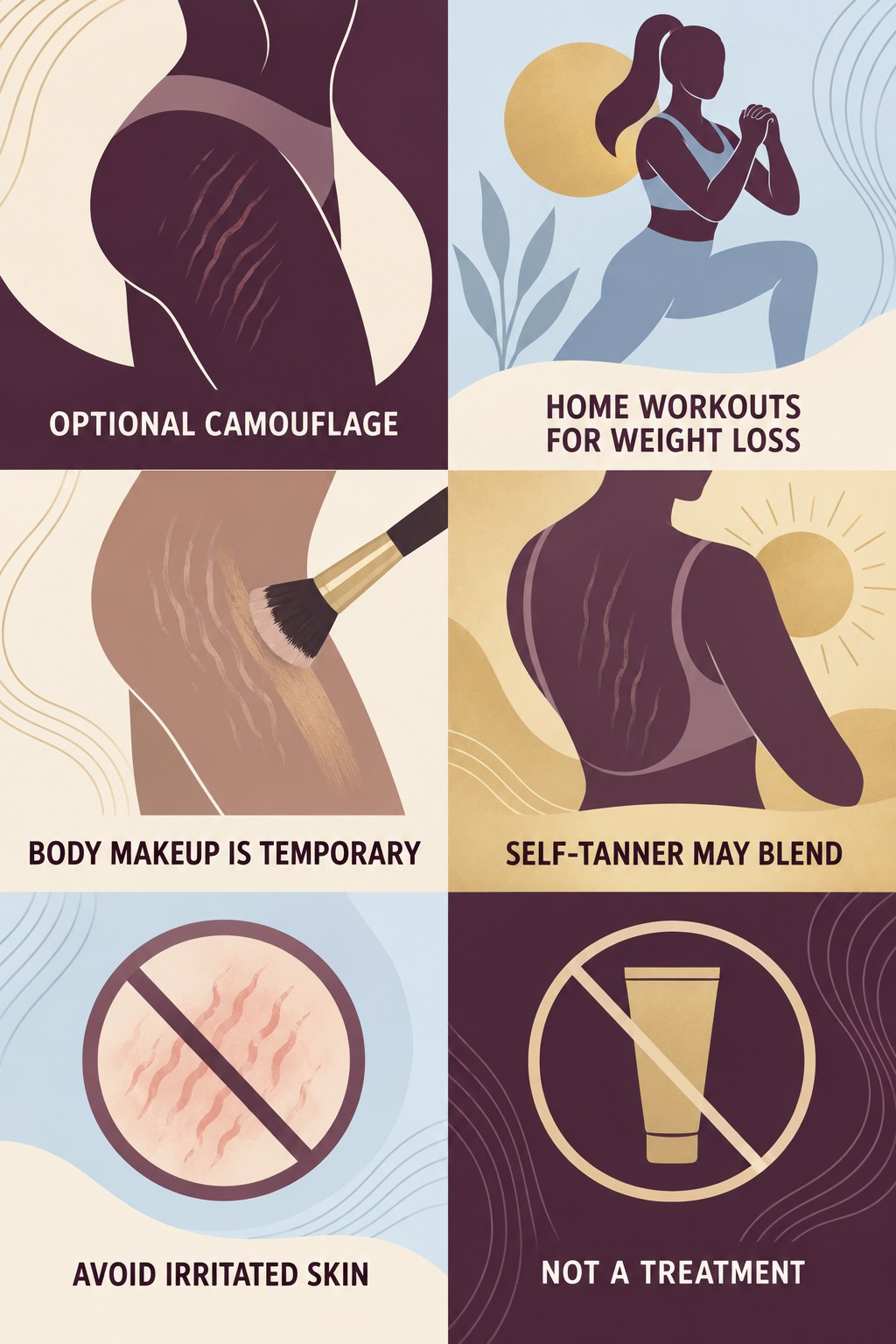 Cosmetic Camouflage Without Treatment Claims infographic for Home Workouts for Weight Loss with four concise, body-neutral stretch-mark skincare points.
