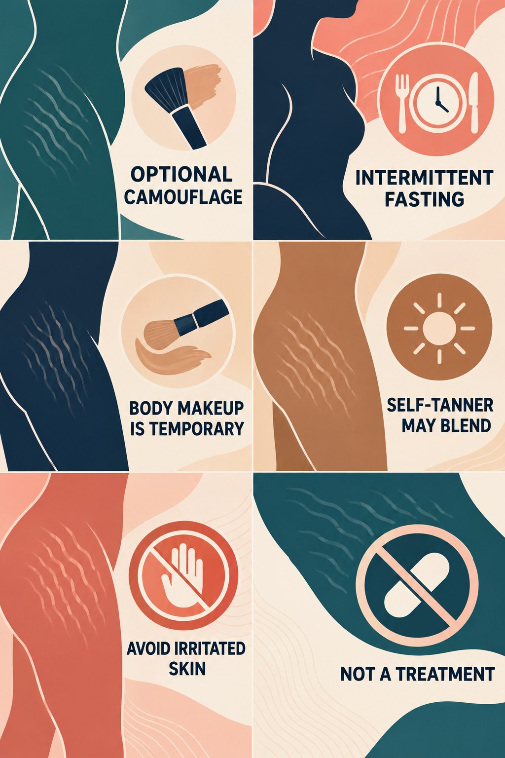 Cosmetic Camouflage Without Treatment Claims infographic for Intermittent Fasting with four concise, body-neutral stretch-mark skincare points.