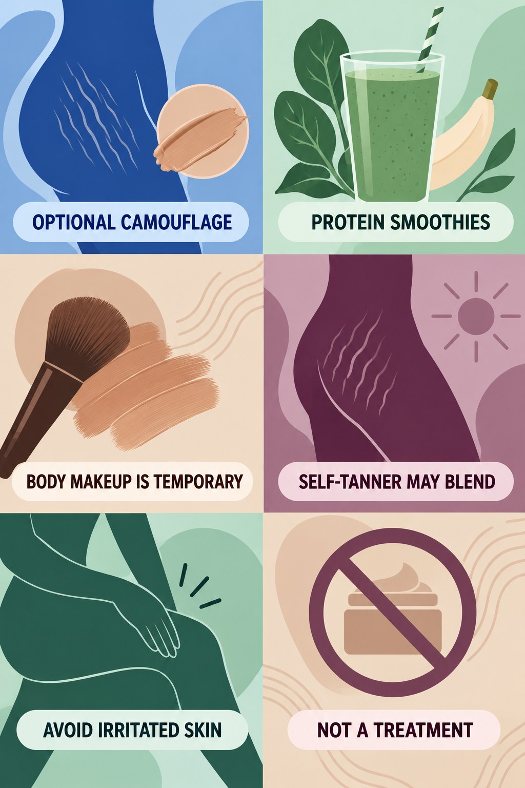 Cosmetic Camouflage Without Treatment Claims infographic for Protein Smoothies with four concise, body-neutral stretch-mark skincare points.