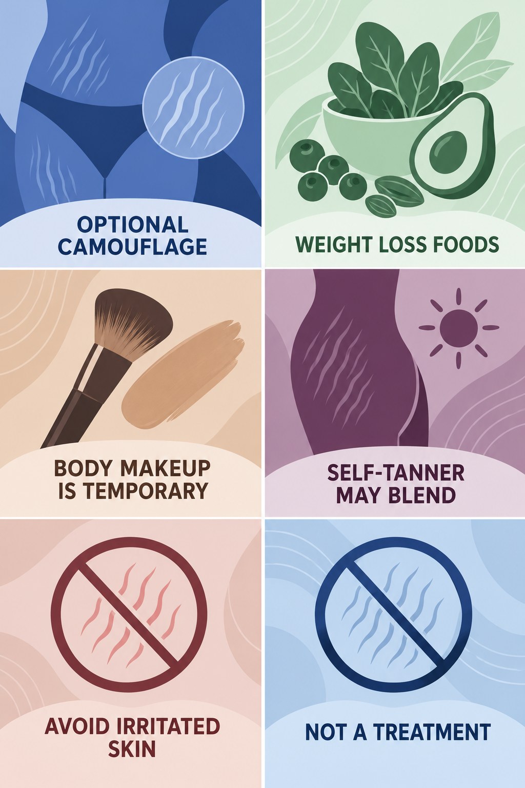 Cosmetic Camouflage Without Treatment Claims infographic for Weight Loss Foods with four concise, body-neutral stretch-mark skincare points.