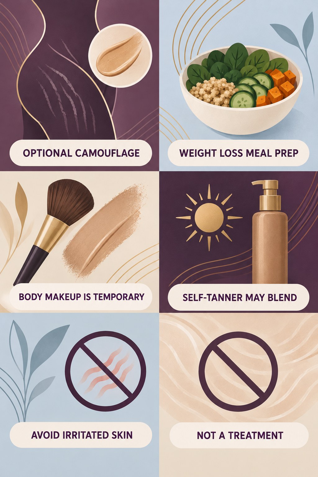 Cosmetic Camouflage Without Treatment Claims infographic for Weight Loss Meal Prep with four concise, body-neutral stretch-mark skincare points.