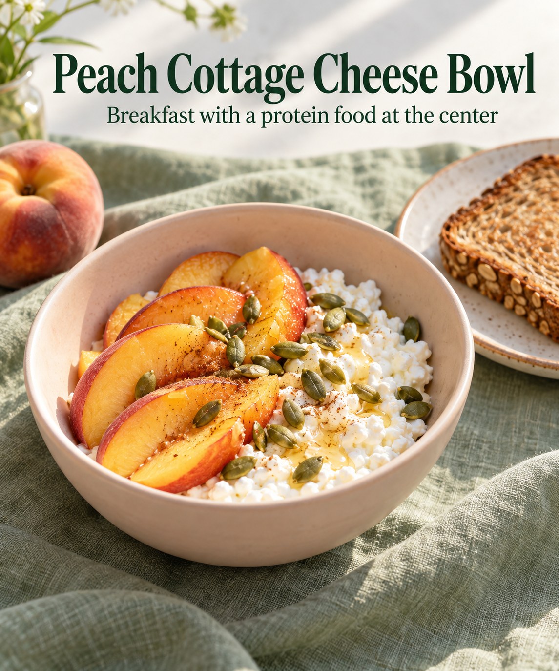 Cottage cheese bowl with peach slices and pumpkin seeds beside toast.