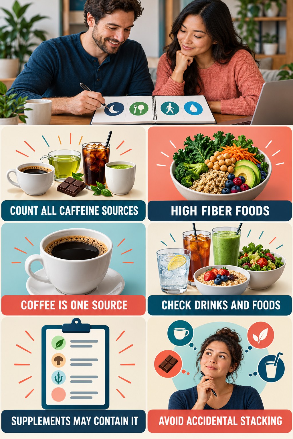 Count All Caffeine Sources natural-energy and hormone-health-literacy infographic for High Fiber Foods with four practical checks.