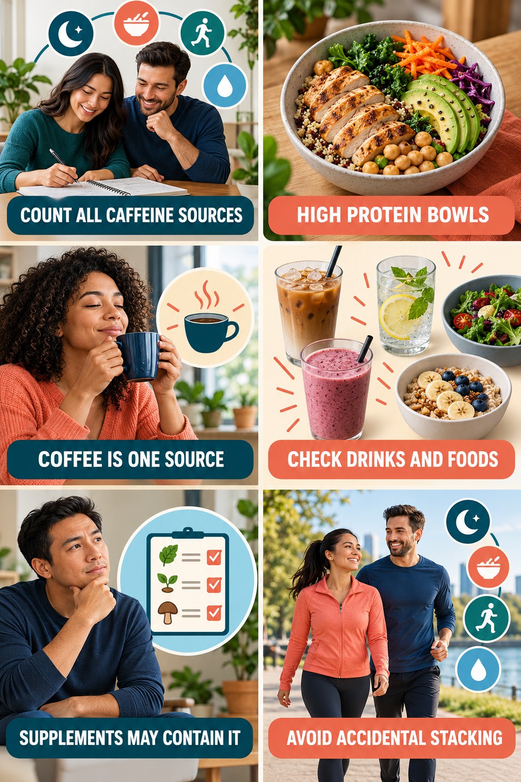Count All Caffeine Sources natural-energy and hormone-health-literacy infographic for High Protein Bowls with four practical checks.