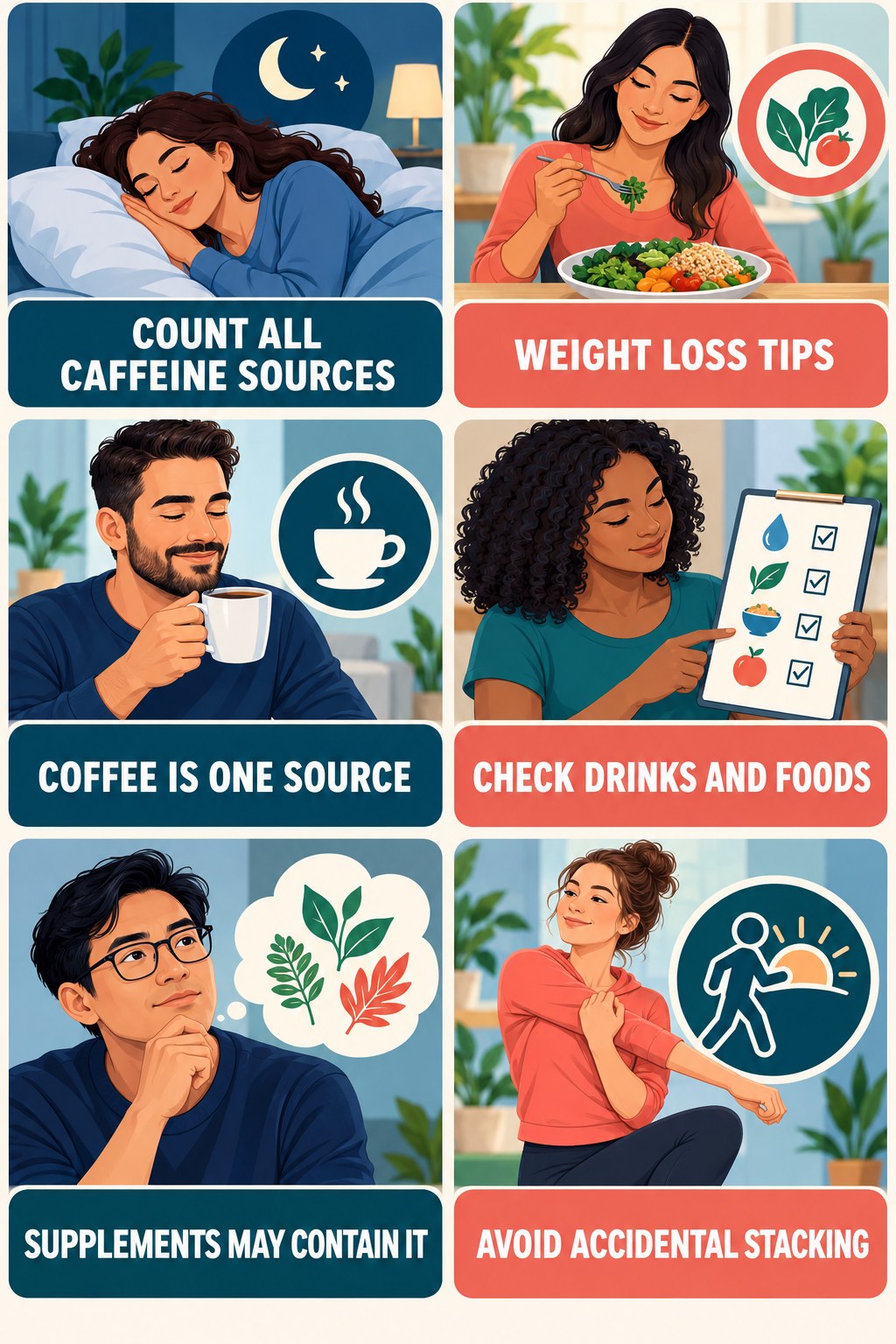 Count All Caffeine Sources natural-energy and hormone-health-literacy infographic for Weight Loss Tips with four practical checks.
