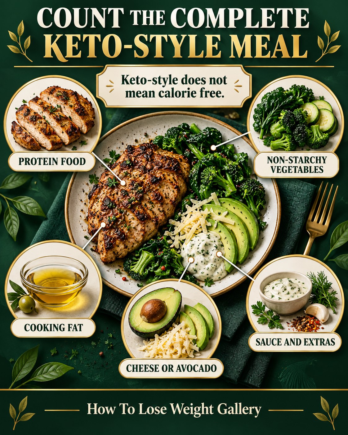 Keto-style meal infographic labeling protein food, non-starchy vegetables, cooking fat, cheese or avocado, sauce and extras
