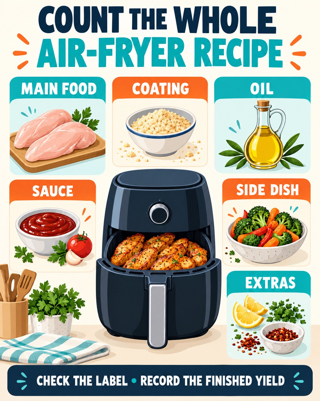 Air-fryer recipe infographic labeling the main food, coating, oil, sauce, side dish and extras
